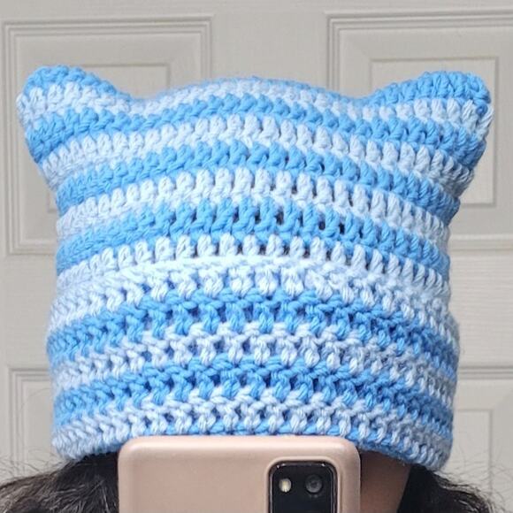 Handmade Crochet Y2k Streetwear Striped Cat Ear Beanie - Picture 1 of 1
